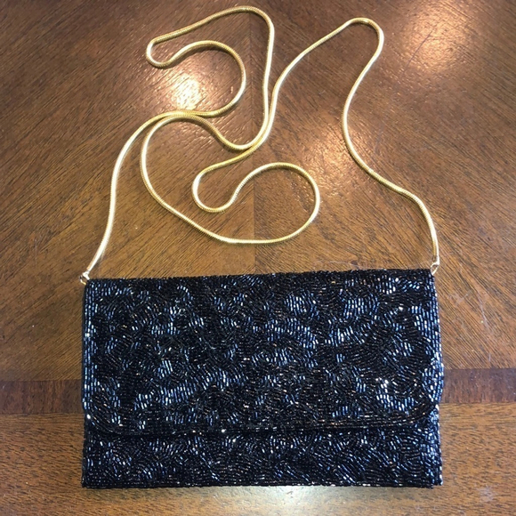 Valerie Stevens Black & Gold Tone Vintage Seed Bead Beaded Evening Bag Clutch - Picture 2 of 14